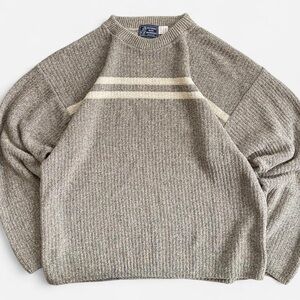 Vintage Peconic Bay Traders Tan Gray Cream Striped Slouchy Grandpa Knit Sweater